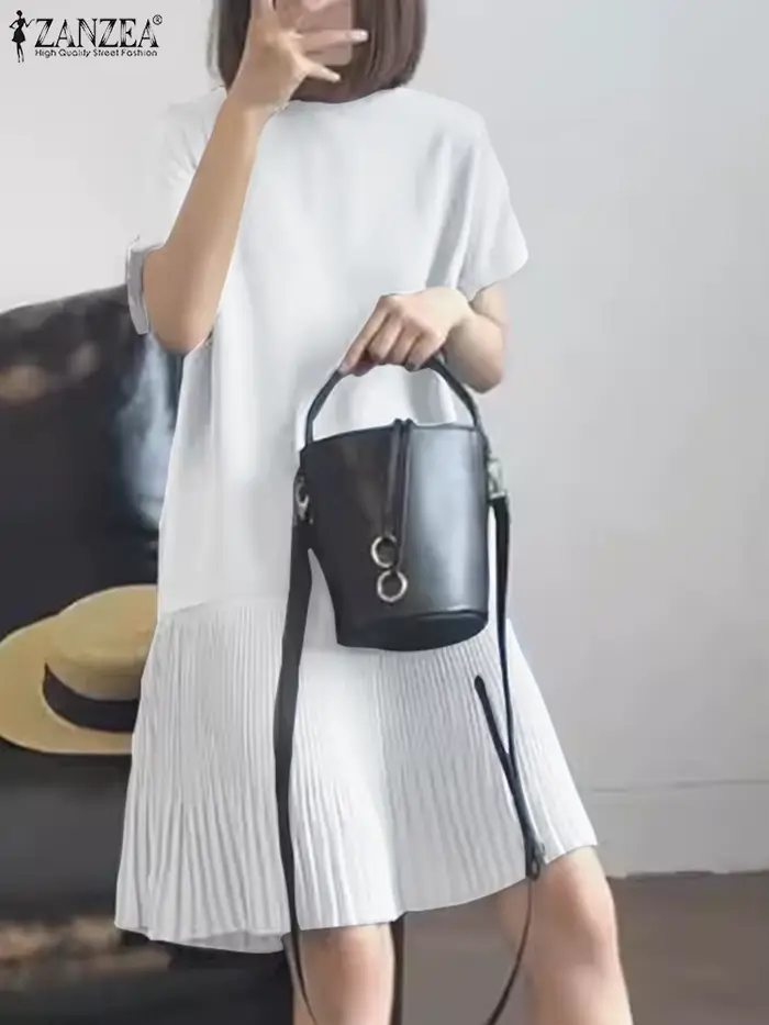 Robe plissée décontractée à manches courtes pour femme