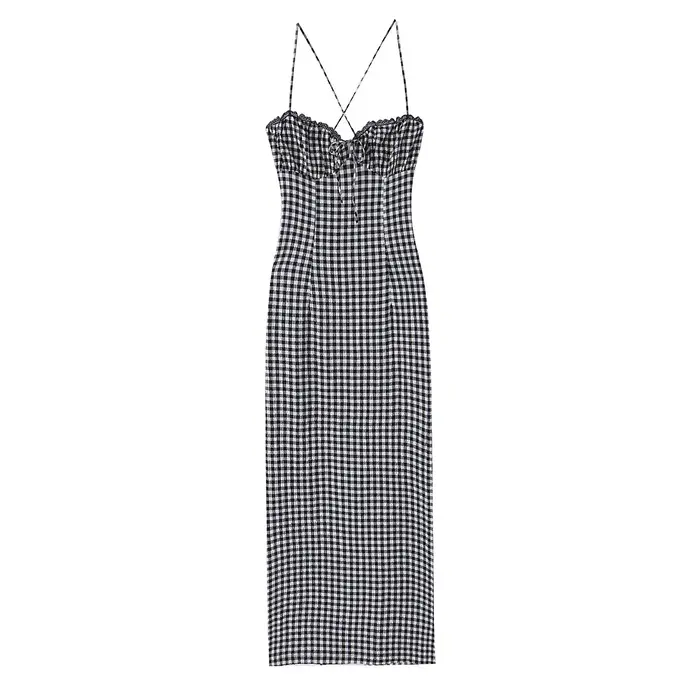 Robe midi élégante à carreaux pour femme printemps été sans manches large bretelles occassions spéciales femmes occasions hipseam polyester