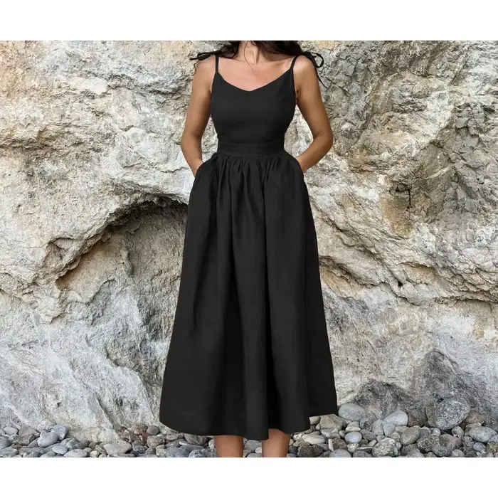 Robe longue à bretelles en coton et lin français, taille haute, Style vacances, printemps et été, 2026