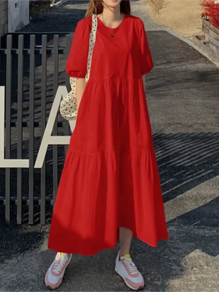 Robe d'été élégante rouge et blanche pour femmes, ample, décontractée, manches courtes, Maxi, col ro