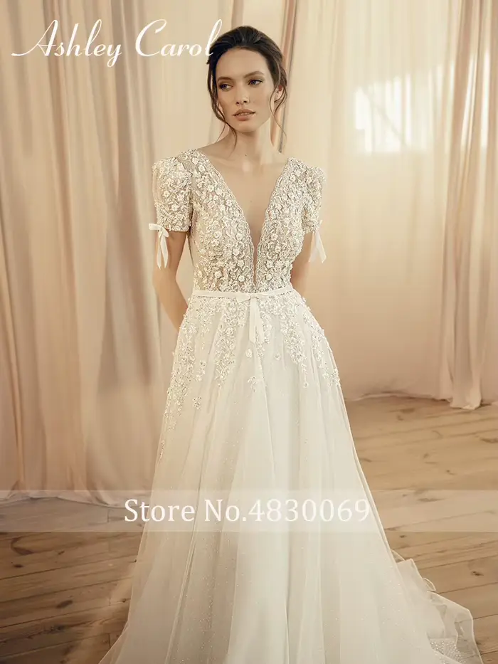 Ashley Carol-Robe de mariée A-Line avec col en V profond