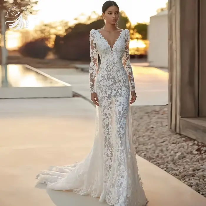 Robe de mariée personnalisée en polyester sirène à manches longues avec col en V et dentelle élégante pour femmes occasions spéciales