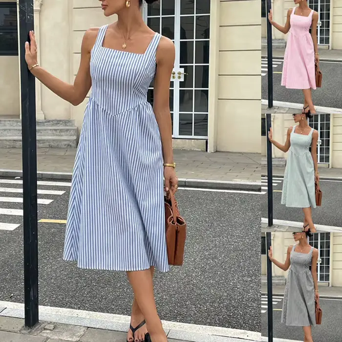 Robe élégante à bretelles pour femmes style streetwear printemps été décontractée longue rayée occassions spéciales détente vacances
