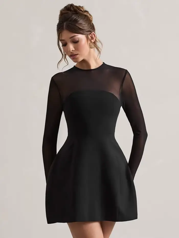 Robe noire transparente en maille pour femme, vêtements esthétiques, manches longues, fermeture écla