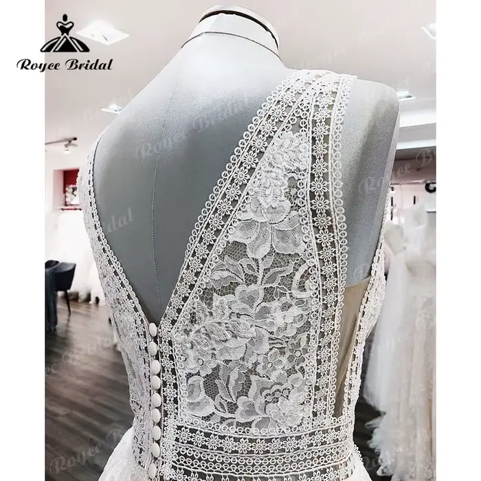 Robe de mariée vintage bohème champagne avec appliques en dentelle et col en V pour femmes - occasion mariage civil ou festive ```