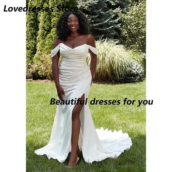 Robe de mariée pas cher personnalisée épaule dénudée une ligne Satin fente latérale balayage Train r