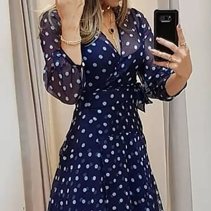 Robe élégante à pois imprimés bleu foncé pour femmes, soirée, événements professionnels, cadeau surprise, coupe empire, silhouette fluide