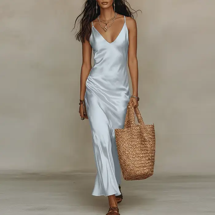 Nouvelle Robe Longue Maxi Femme Été Bohème Plage Col V Profond Sexy en Satin Uni Sans Manches Évidée pour Vacances