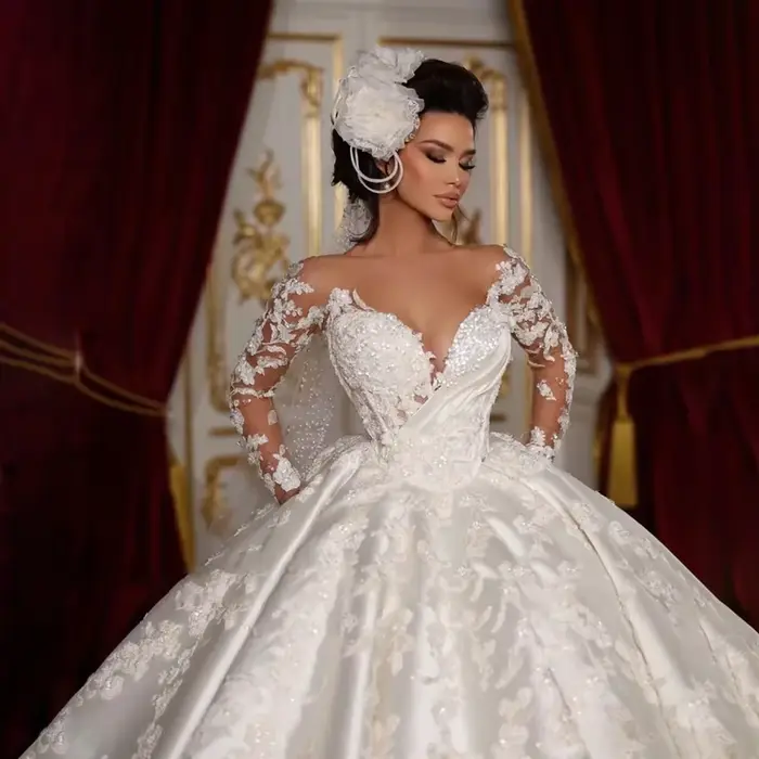 Nouveautés personnalisées fermeture éclair à manches longues dos perles paillettes Appliques Satin robe De bal robes De mariée Vestido De Noiva