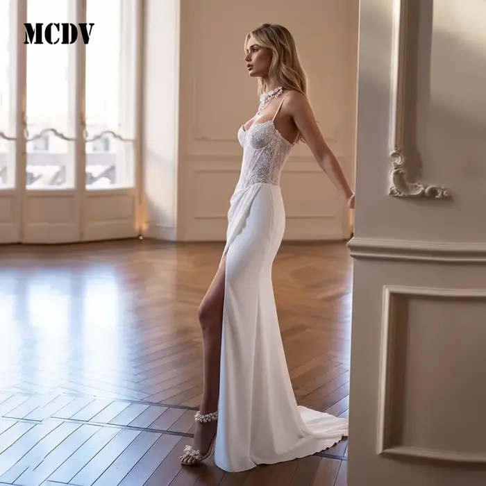 Robe de mariée personnalisée MCDV en mousseline avec décolleté Mon Amour, appliques et dentelle pour cérémonies civiles et religieuses