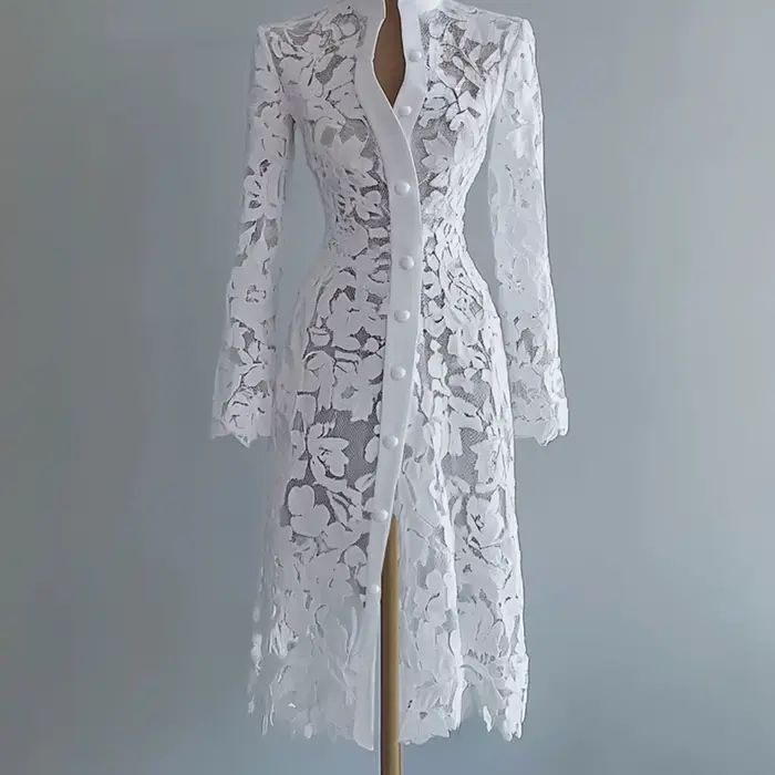 Robe en dentelle pour femme, col montant, simple boutonnage, manches longues, style manteau, longueu
