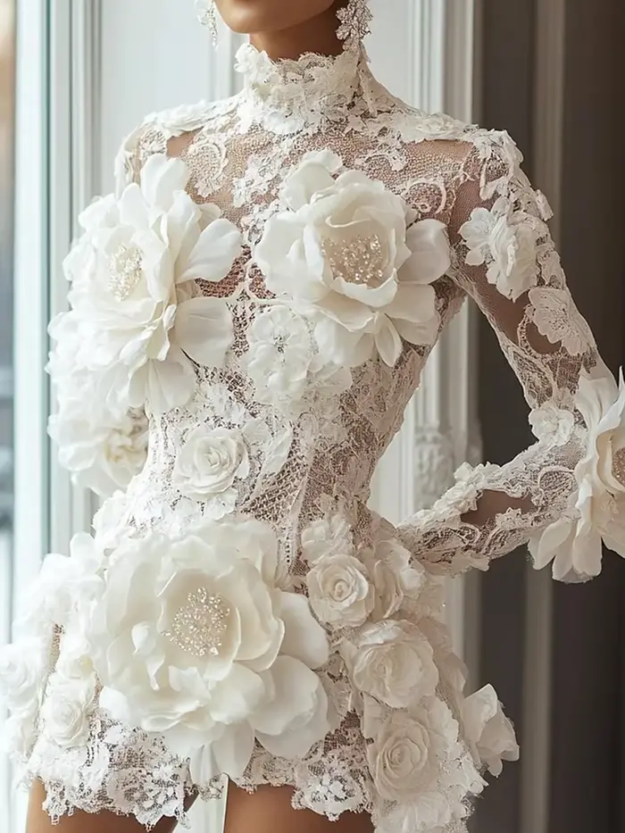 Robes de Cocktail de luxe col haut fleurs manches longues Mini robe exquise haute qualité