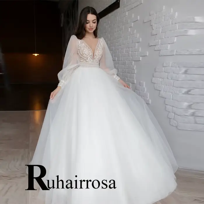 Ruhair bohême robe De mariée pour mariée col en v Appliques dos nu perles manches bouffantes Tulle V