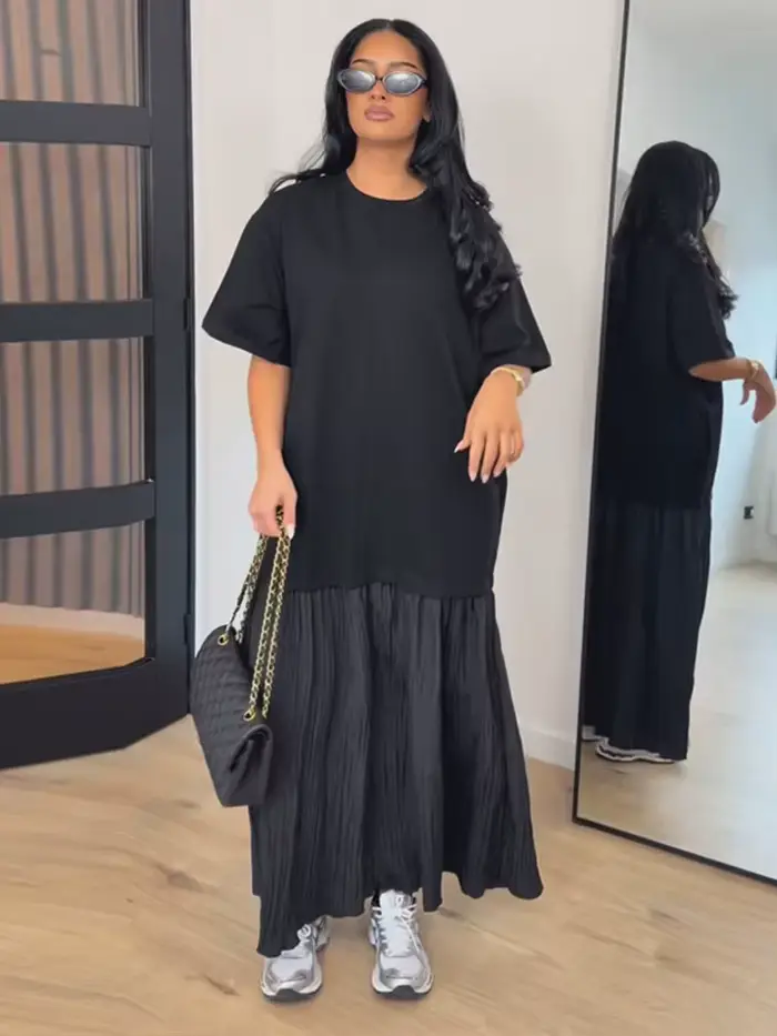 Robe longue oversize à manches courtes et patchwork pour femme
