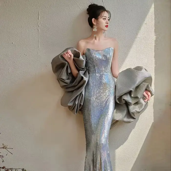 Robes de soirée sirène à paillettes argentées pour femme
