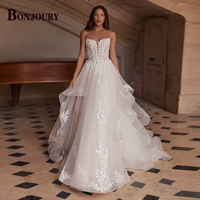 BONJOURY robes De mariée modernes pour femmes a-ligne bouton froncé Appliques sans manches Court Train