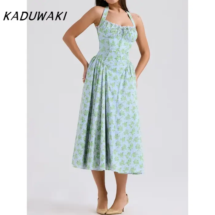 Robe midi KADUWAKI d'inspiration bohème à imprimé floral rose pour femme, sans bretelles, avec fente latérale, corset, robes d'été élégantes pour femmes, robes de soirée