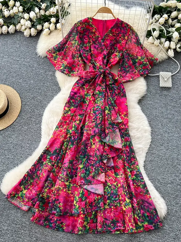 Robe de vacances française pour femmes, nouvelle Collection d'été avec une taille cintrée, bords à v