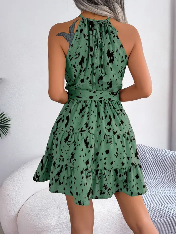 Mini robe à volants imprimé léopard pour femme, col licou sexy, mode printemps et été