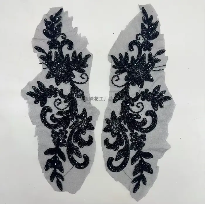 Accessoires de robe en maille de perles noires et champagne, appliques de corsage de dentelle décoratives, perles initiées trempées, miroir, 2 paires