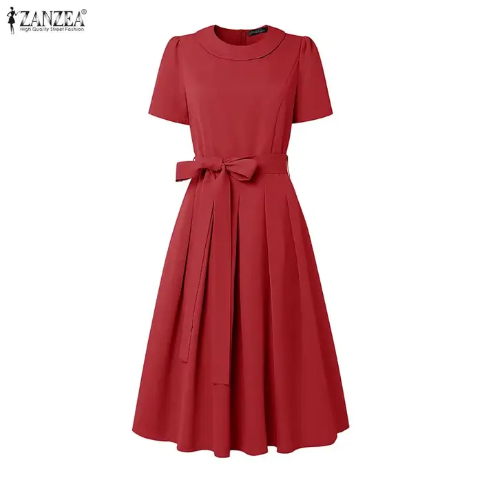 Robe d'été pour femme coupe A en polyester avec ceinture à lacets col rond et fermeture éclair dos style bohème rétro