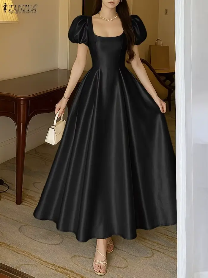 ZANZEA élégant Chic femmes Satin invité de mariage fête longues robes col carré manches courtes bouffantes taille ajustée robe trapèze S-3XL