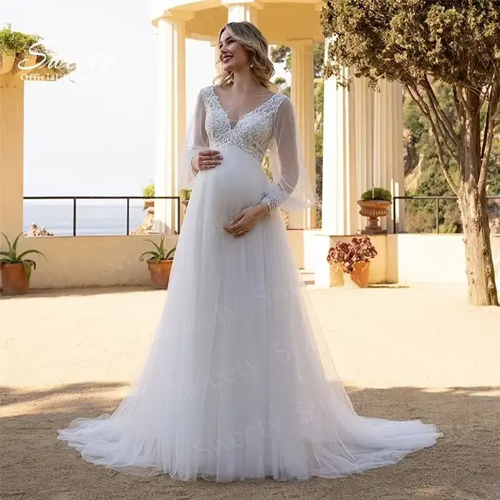 Robe de mariée en organza avec broderie, robe de Rhde plage, manches longues, col en V, A-ligne, lon