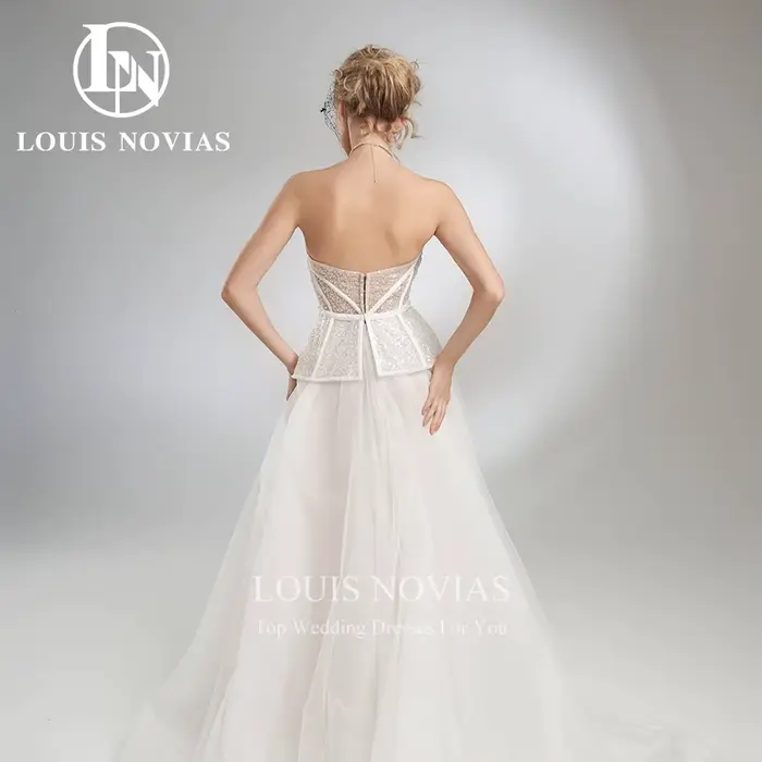 Robe de mariée trapèze, torsadée, élégante, sexy, perlée, pailletée
