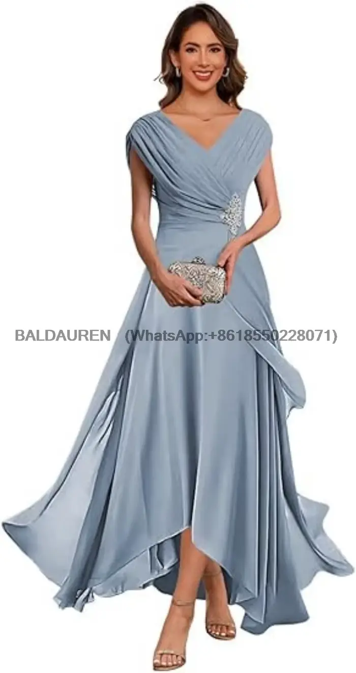 Robe de soirée en mousseline de soie avec appliques en dentelle pour la mère de la mariée, style classique, longueur au sol, col en V, manches courtes, occassions spéciales