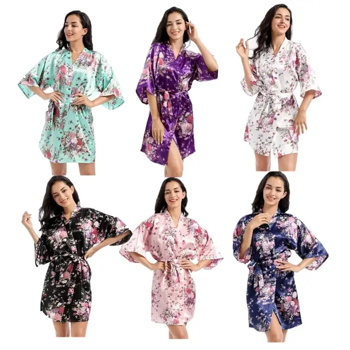 Jonquille-Robe Kimono à Fleurs en Satin Soyeux pour Femme