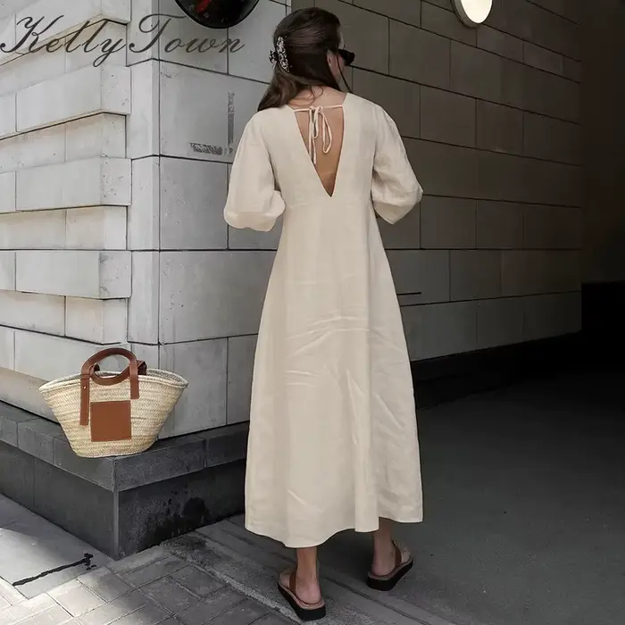 Robe en coton et lin 2026, style Y2K français, col en V, manches bouffantes, robe dos nu à lacets, robes longues décontractées d'été pour femmes