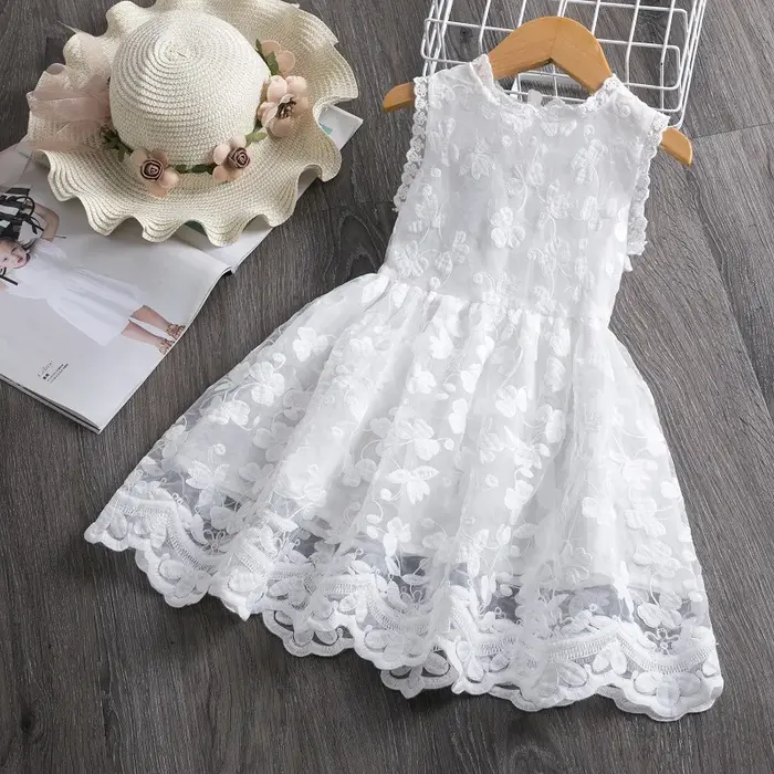 Robe blanche d'été pour filles tenue de princesse en dentelle brodée de fleurs pour enfants de 3 à 8 ans fêtes d'anniversaire vacances