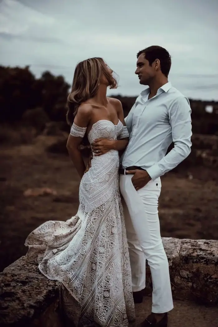 SWEMILE Robes de mariée sirène en dentelle bohème avec manches amovibles