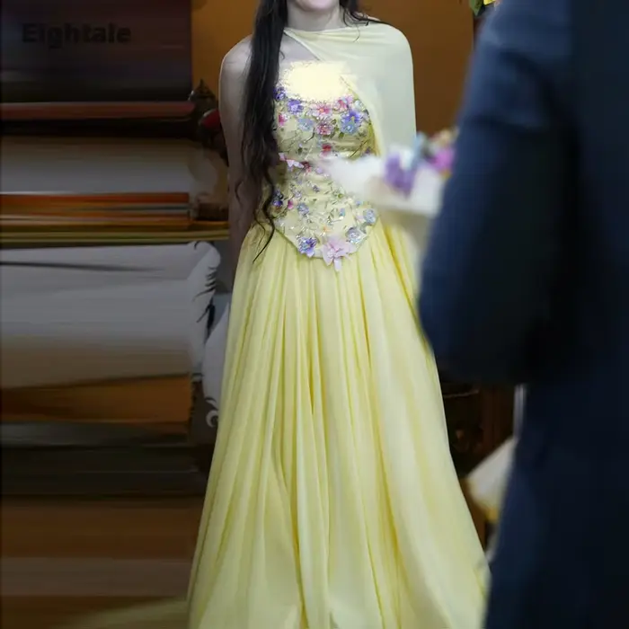 Robe de soirée arabe Eightale en mousseline de soie jaune avec fleurs 3D