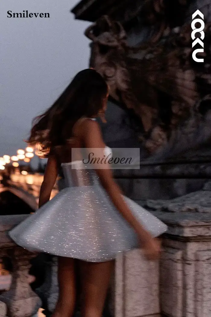 Smileven-Robe de Mariée Courte Trapèze à Paillettes Brillantes