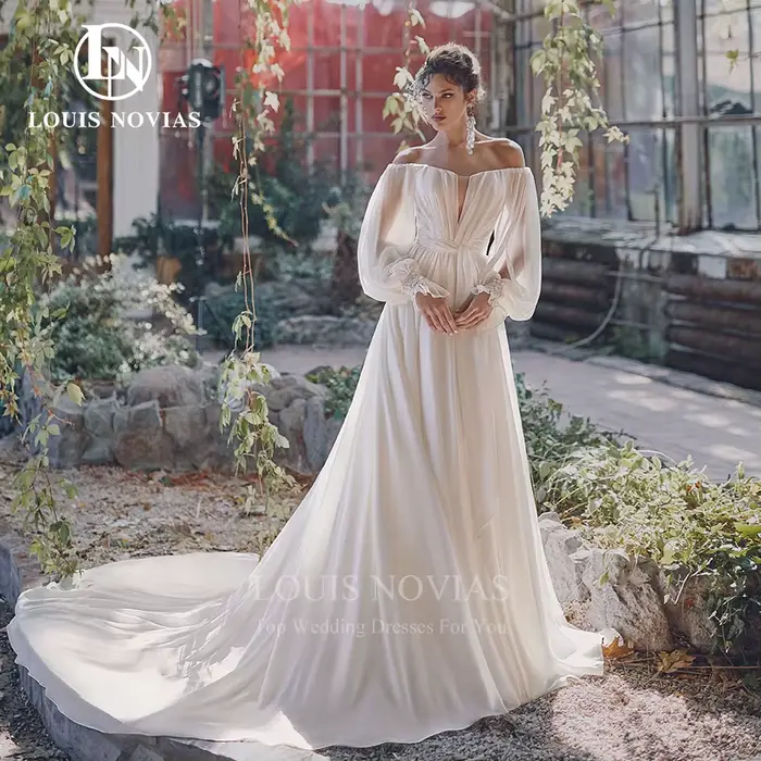 Modiis-Robes de mariée A-ligne pour mariage, plissé confortable, grande taille, manches longues lant