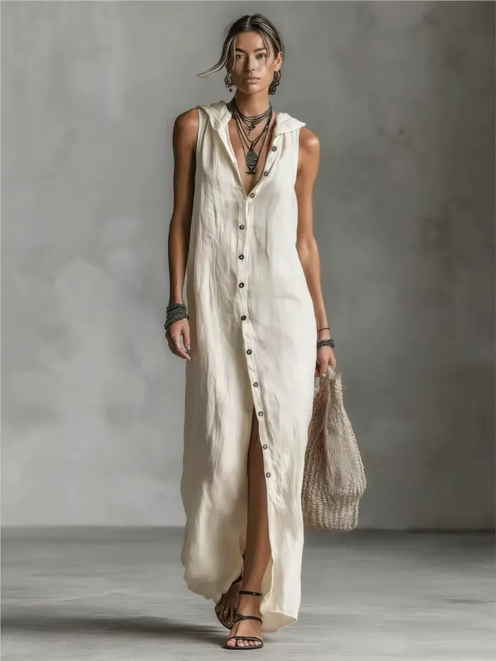 Nouvelle Robe Élégante en Coton et Lin à Capuche pour Femme