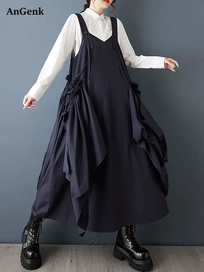 Robe plissée sans manches noire Vintage à bretelles pour femmes