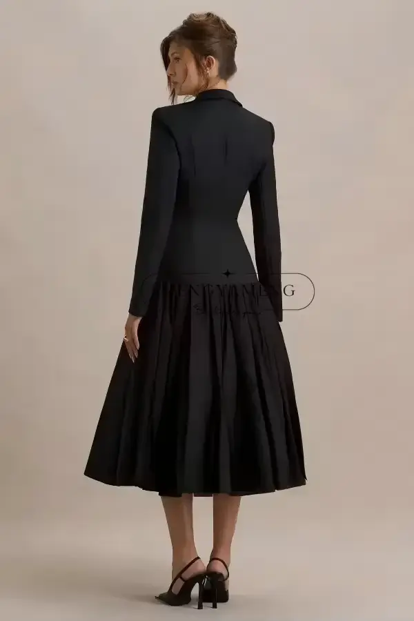 Robe de soirée noire ZHUISHU sexy à revers crantés pour femmes, col en V, longueur cheville, manches longues, occassions spéciales cocktail et bureau
