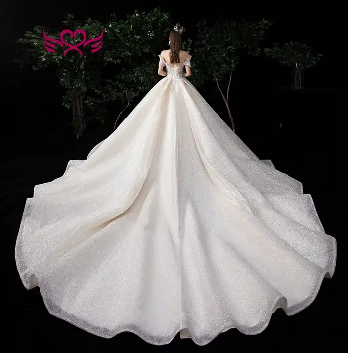 Robe de mariée de campagne exquise épaules dénudées tulle brillant perles princesse bal col V manches courtes soutien-gorge intégré longueur sol occasions spéciales