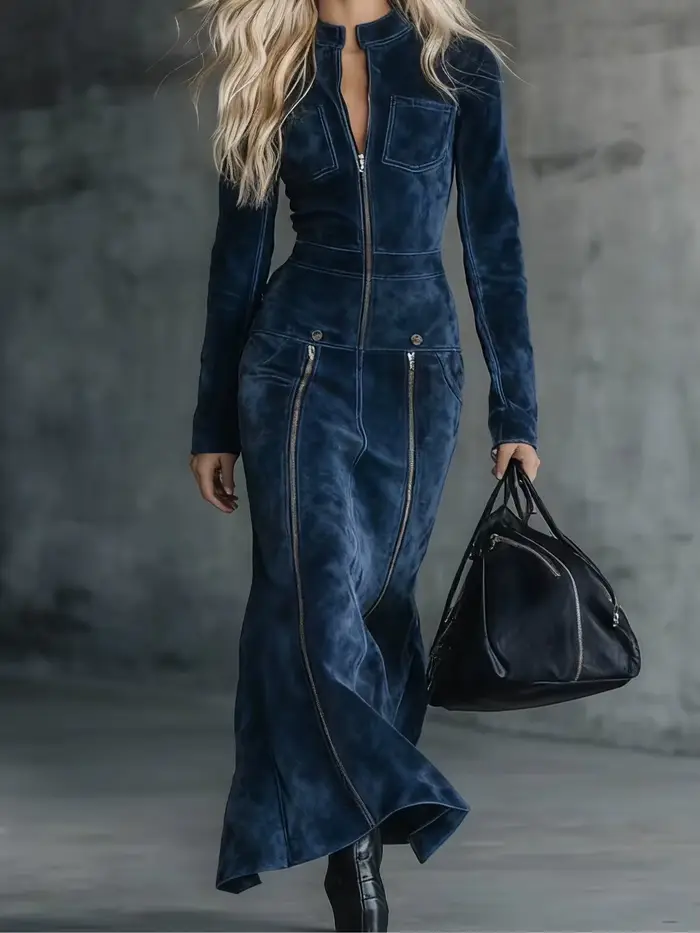 Robe longue moulante en suède à manches longues pour femme