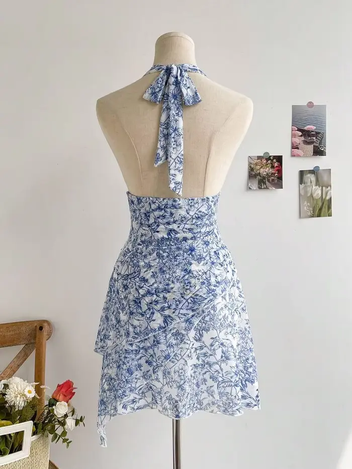 Robe d'été en maille bleue à fleurs pour femmes style sexy décontractée élégante occasion spéciale soirée été