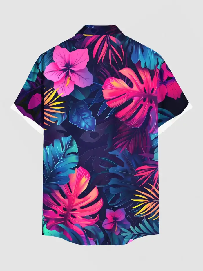 Robe midi pour femme, chemise à boutons avec imprimé de feuilles tropicales et de fleurs d'hibiscus pour homme