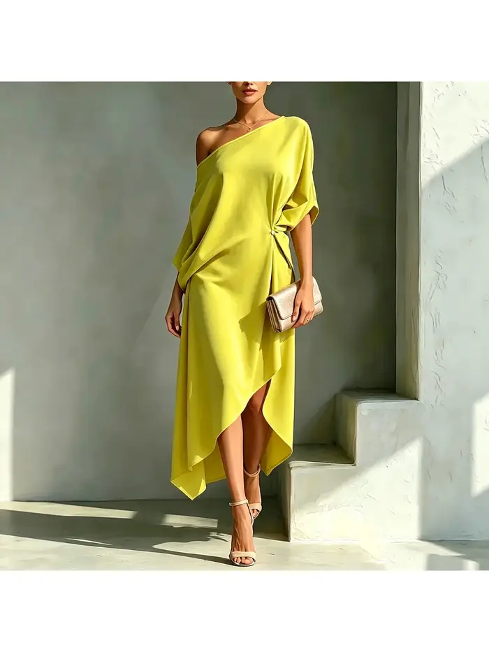 Robe midi asymétrique à une épaule avec nœud à la taille