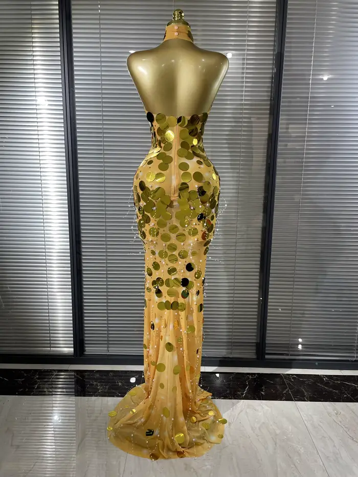 Robe longue sirène moulante transparente en maille à sequins argentés et dorés pour femme