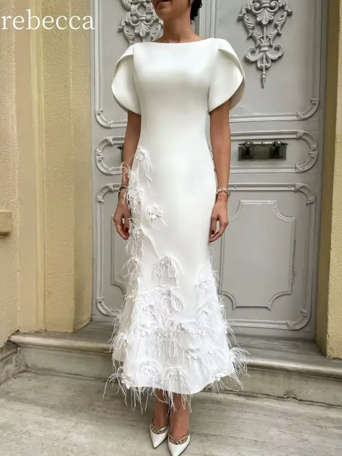 Robe de mariée de luxe personnalisée Rebecca, robe de fiançailles, longueur au sol, ornée de plumes,