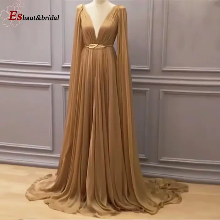 Robe de Soirée Élégante en Mousseline Boîteuse avec Manches Longues et Col Rond Doré pour Femme Occasions Spéciales Soirées Officielles Mariages Bal