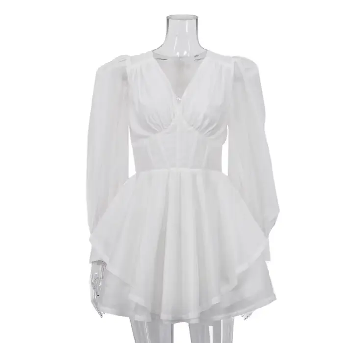 Robe Courte Élégante Blanche en Mousseline pour Femme, Col en V, Taille Corset, Ourlet à Volants, Co