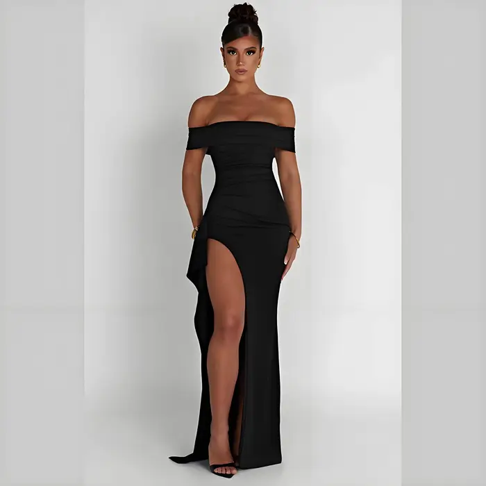 Robe de soirée élégante, couleur unie, épaules dénudées, robe longue sexy taille haute avec fente la