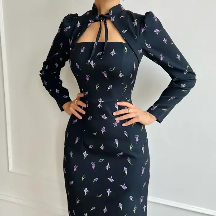 Robe à manches longues vintage polyester pour femmes, automne, bureau et soirées, élégante et confortable